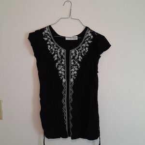 Time and Tru Black Blouse with White Embroidery